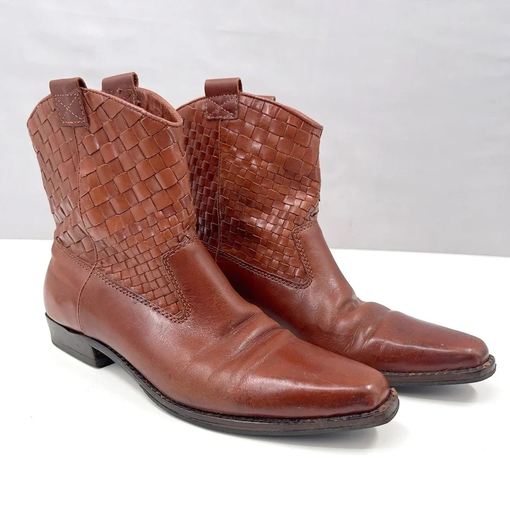 Vintage 90s Womens Woven Leather Ankle Boot Cognac Brown Coastal Cowgirl 8